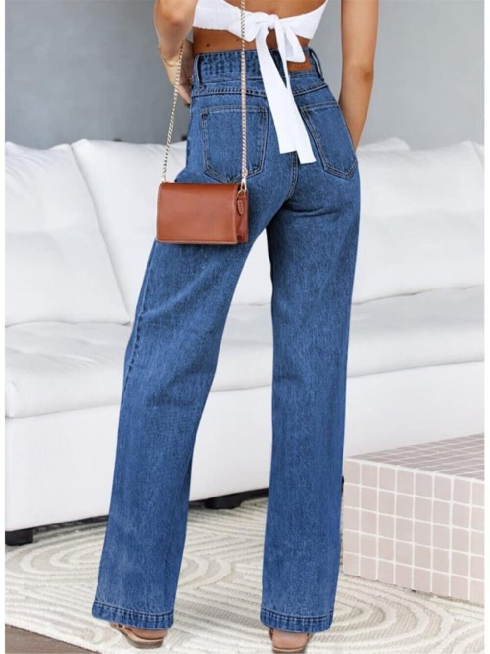 Women's Bluing High Waisted Straight Denim Pants Dual Button Leg Jeans - Picture 2 of 6